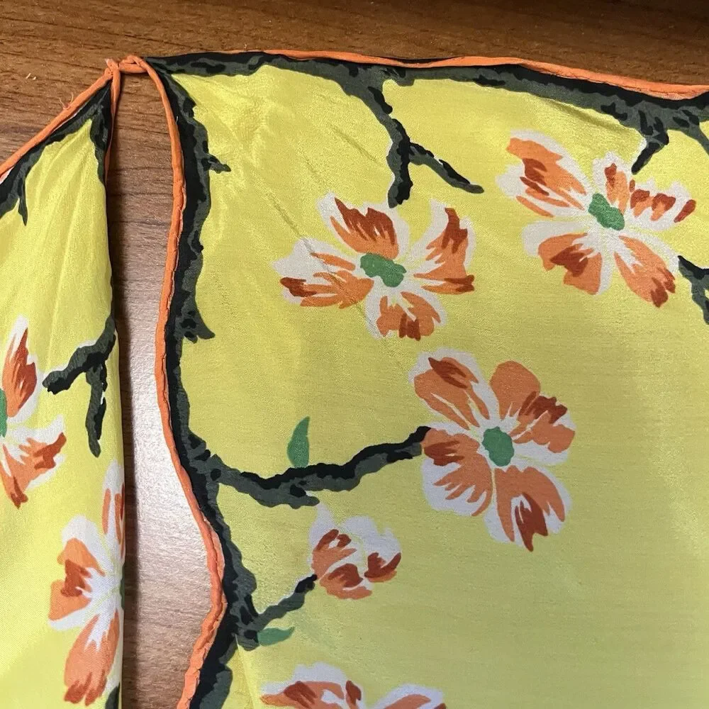 Vintage Asian Floral Silk Hanky Scarf Scalloped Edges Yellow Double Hankie *READ